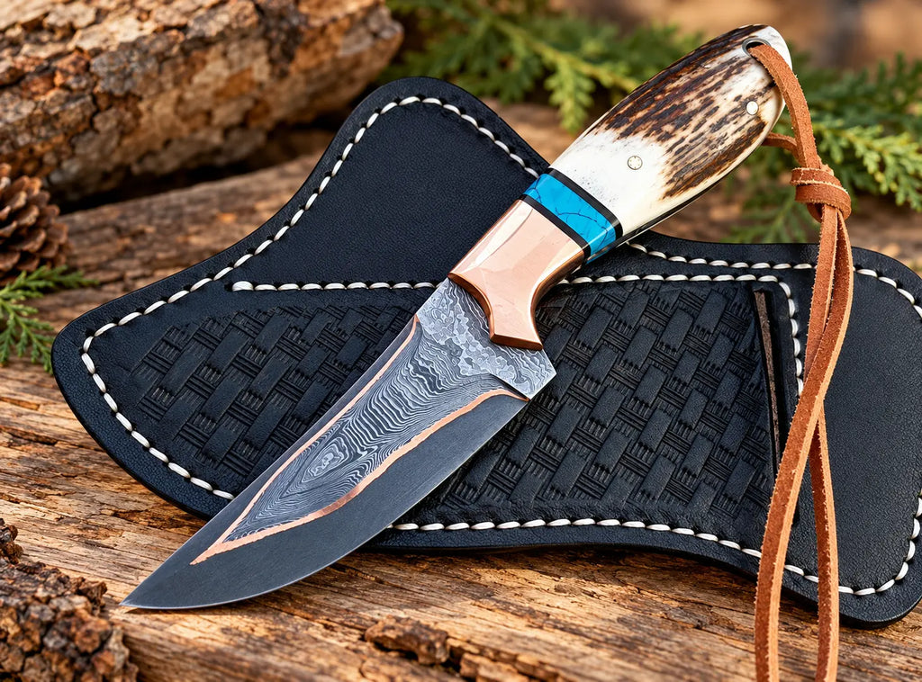 Handmade copper Damascus cowboy skinner knife with stag horn handle - full view