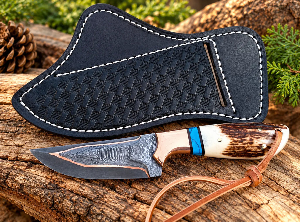 Stag horn handle with turquoise spacer and copper bolster detail