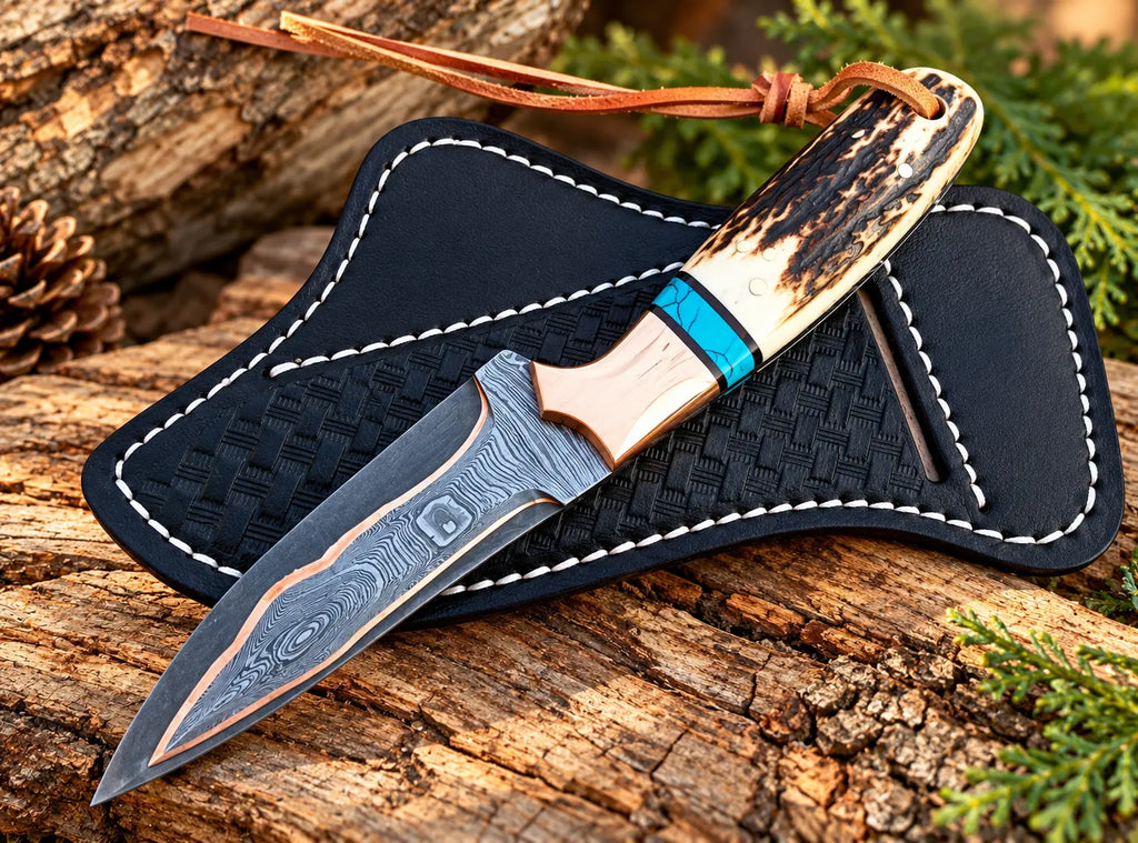 Hand-tooled black leather sheath with basketweave pattern for copper Damascus skinner knife