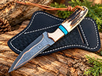 Hand-tooled black leather sheath with basketweave pattern for copper Damascus skinner knife