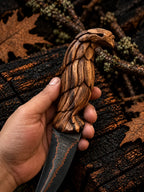 Copper Damascus knife with hand-carved eagle wood handle - angle 2