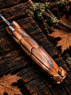Hand-carved eagle wood handle knife with copper Damascus blade - angle 8