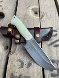 Handmade D2 steel acid wash skinner knife with G10 handle and horizontal Italian leather sheath - full view