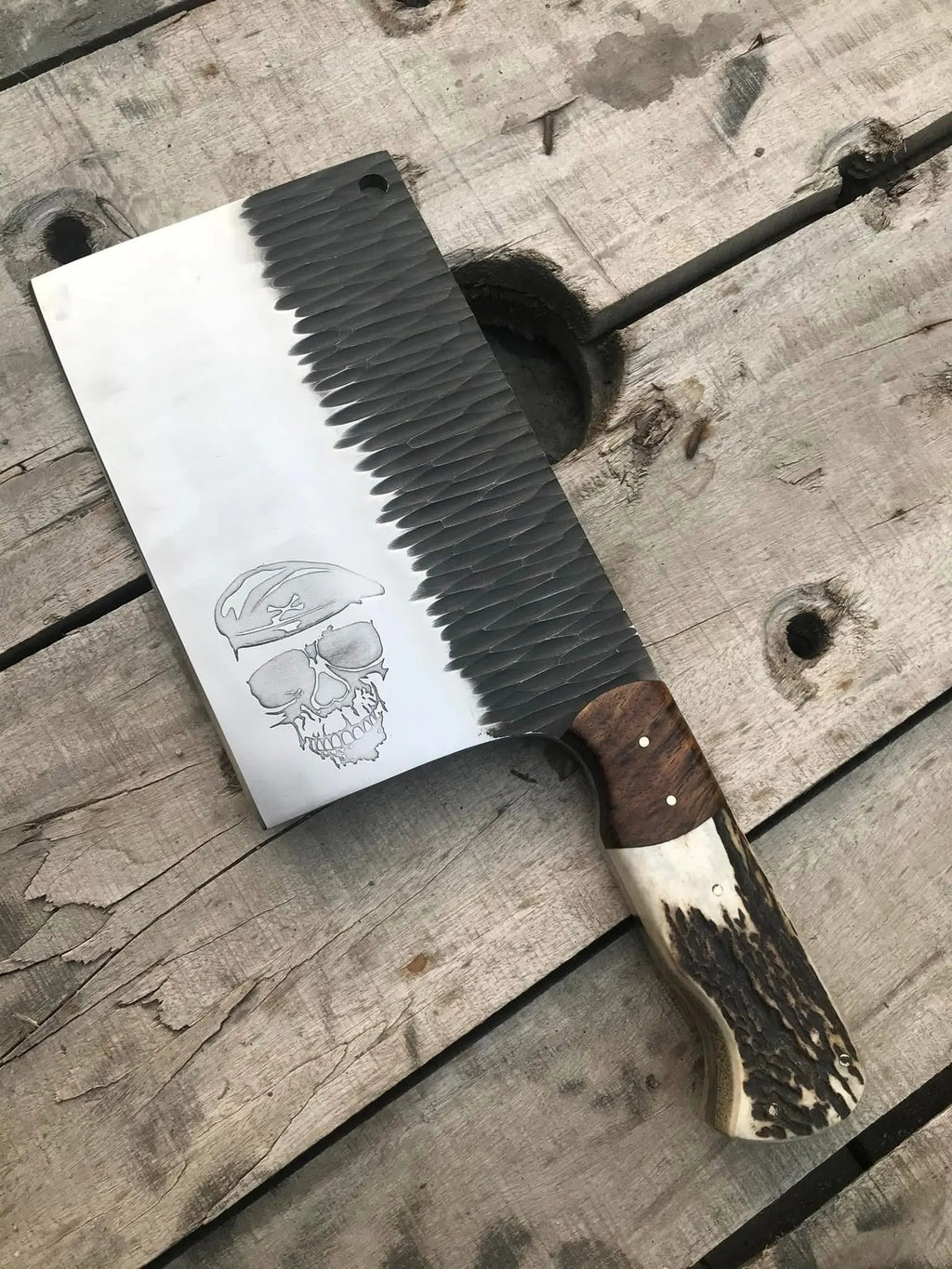 Handmade D2 steel chopper knife with skull engraving and stag horn handle - full view