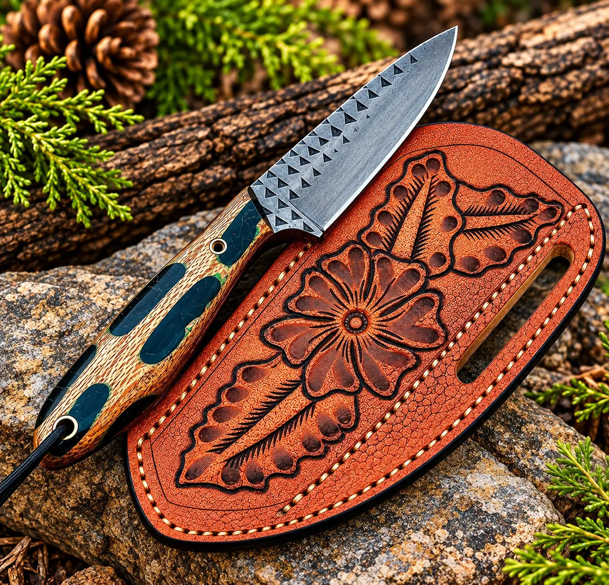 D2 steel drop point blade close-up on camo handle cowboy knife