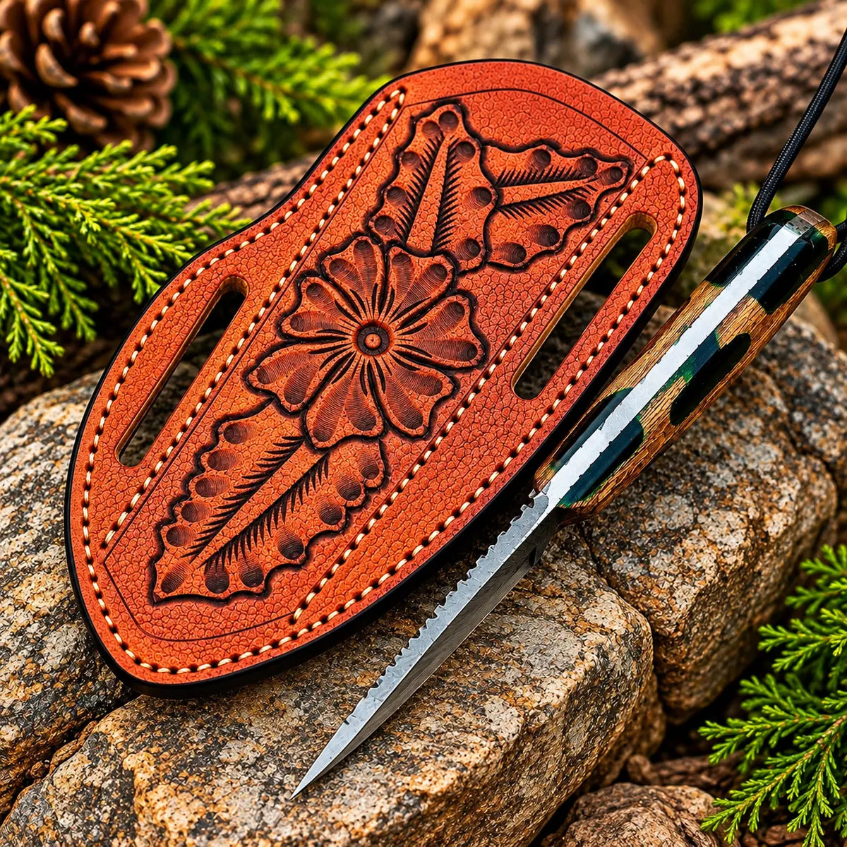 Camo pattern handle detail on D2 steel cowboy knife