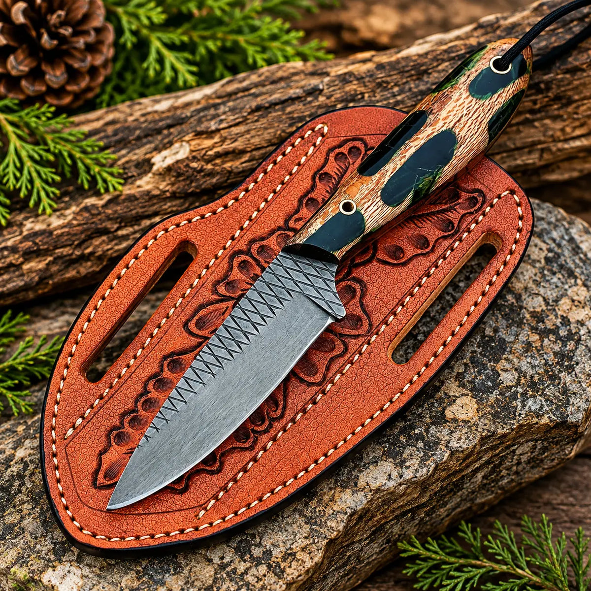 Hand-tooled floral leather sheath for D2 steel camo handle cowboy knife