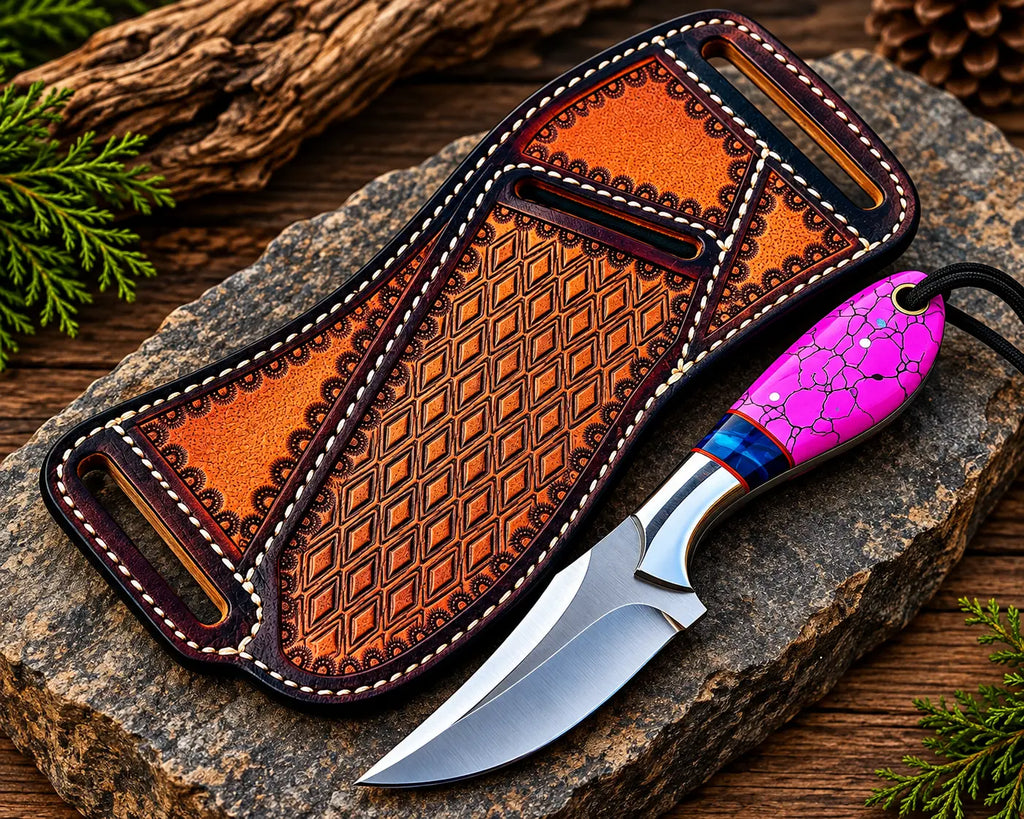 Handmade D2 steel cowboy knife with magenta crackle handle and tooled leather sheath - full view