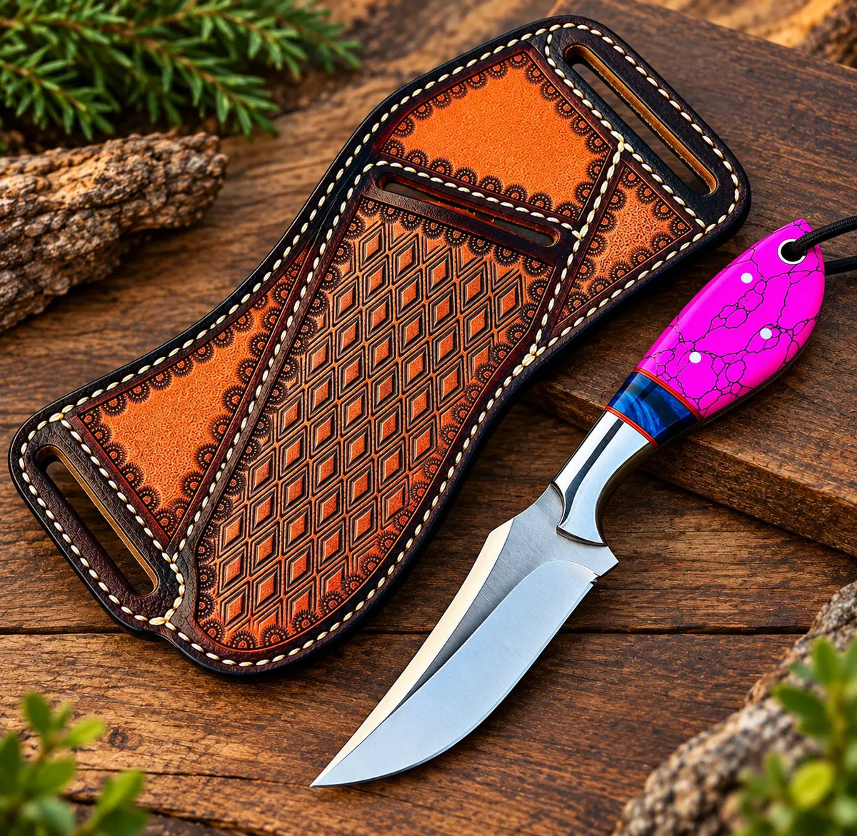 Magenta crackle pattern handle detail with blue resin spacer on cowboy knife