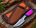 Hand-tooled diamond basketweave leather sheath for D2 steel magenta handle cowboy knife