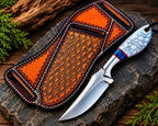 Handmade D2 steel cowboy knife with marble handle and blue resin spacer - full view