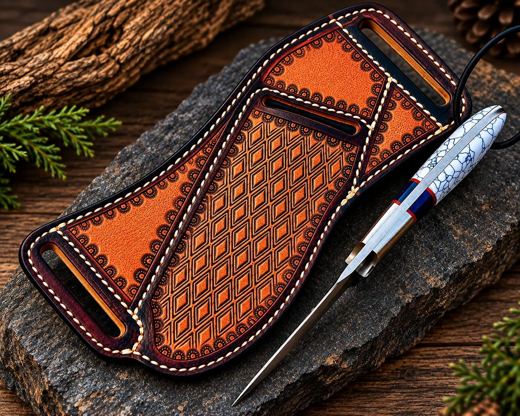 D2 steel cowboy knife on rock background - side angle