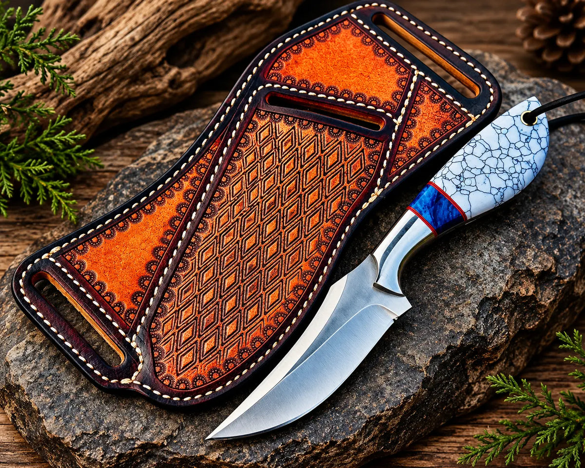 D2 steel cowboy knife with leather sheath - full length view