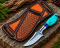 Handmade D2 steel cowboy knife with turquoise crackle handle and tooled leather sheath - full view