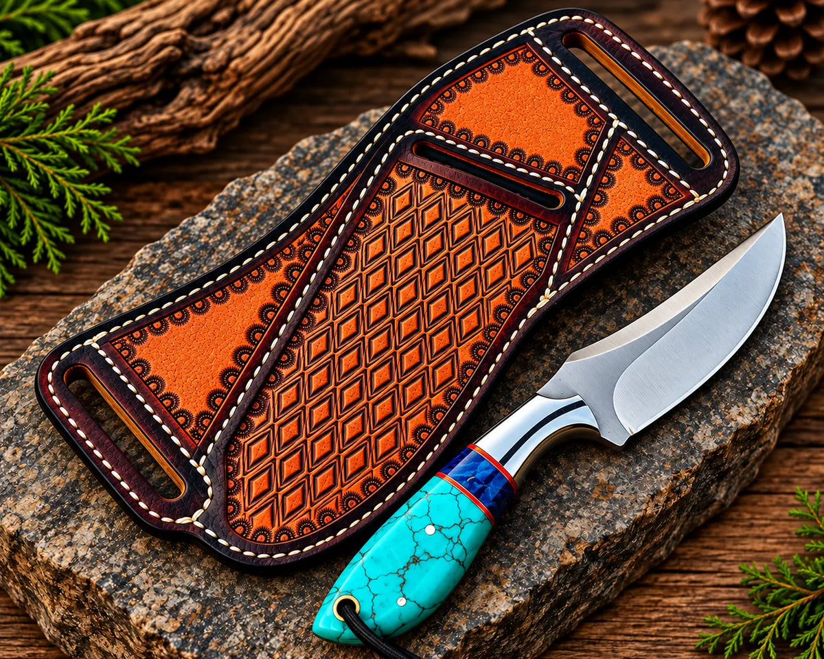 D2 steel drop point blade close-up on turquoise crackle handle cowboy knife