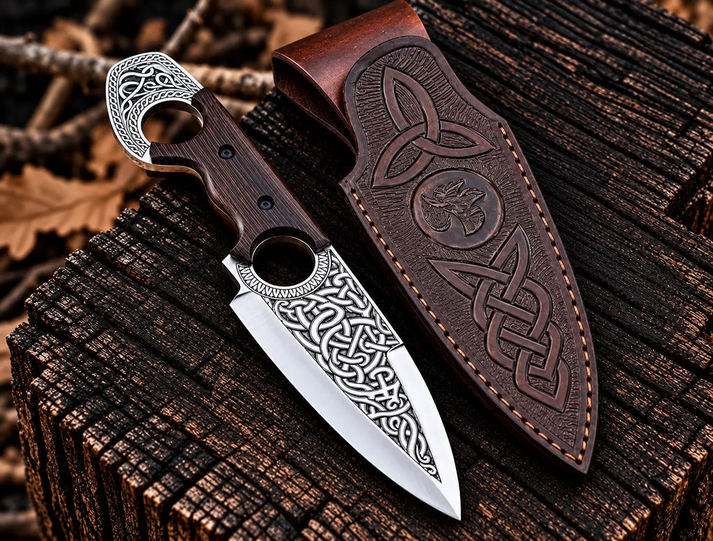 Handmade D2 steel double finger hole knife with Celtic Viking engraving and Italian leather sheath - full view