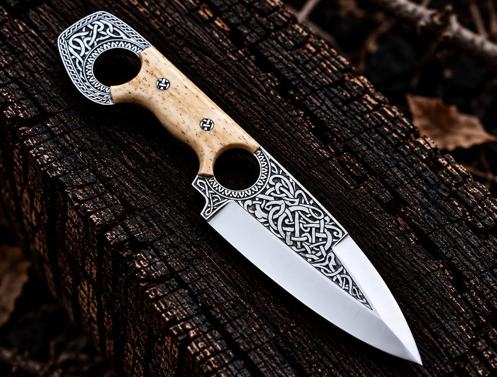Handmade D2 steel double finger hole knife with Celtic Viking engraving and white bone handle - full view with Italian leather sheath