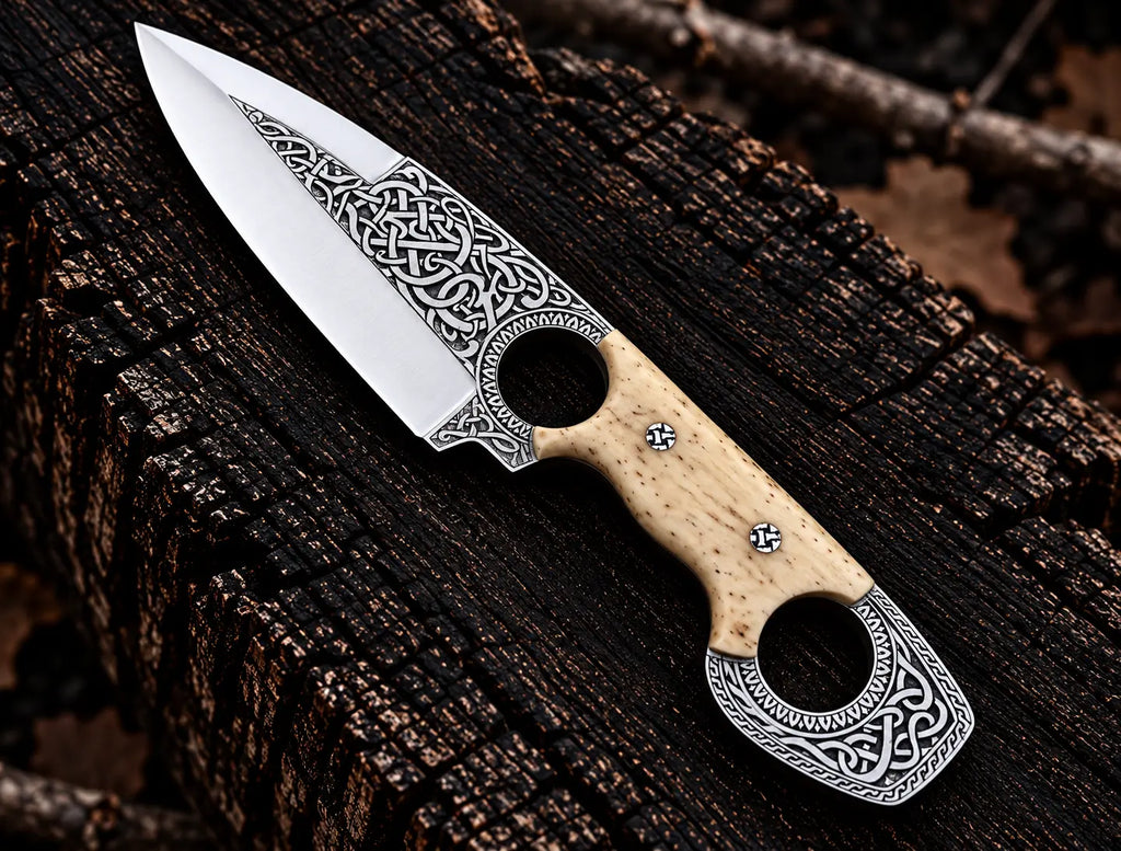 White bone handle scales with screws and engraved finger hole ring detail