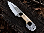 Handmade D2 steel double finger hole knife with floral engraving and white bone handle - full view