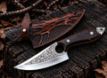 Handmade D2 steel finger hole knife with floral engraving, rosewood handle and Italian leather sheath - full view