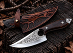 Handmade D2 steel finger hole knife with floral engraving, rosewood handle and Italian leather sheath - full view