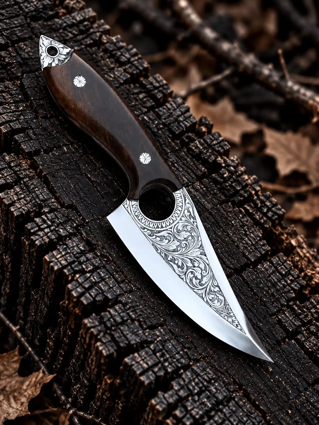 Hand engraved floral scrollwork around finger hole on mirror polished D2 steel blade close-up