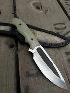 Satin polished D2 steel blade with fuller close-up on cowboy knife
