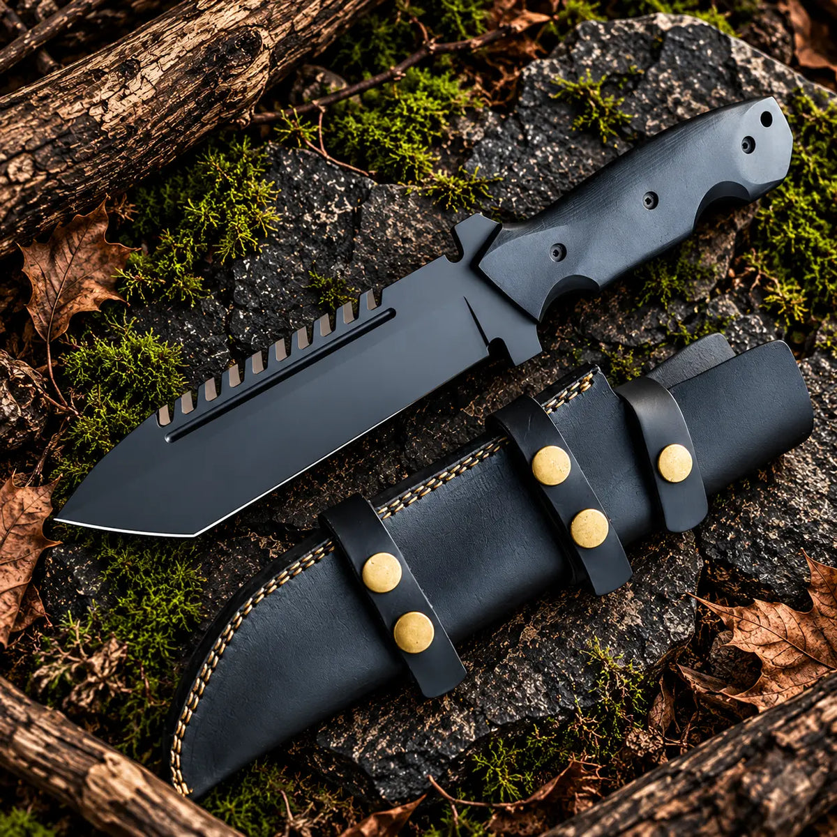 Handmade D2 steel full tang tracker knife with tanto blade, black powder coat, black micarta handle and horizontal Italian leather sheath - full view