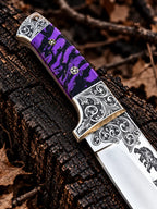 Purple and black resin handle with mosaic pins and engraved steel bolster detail