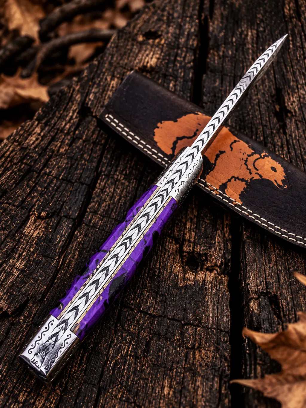 Black leather sheath with hand-made bear design for D2 steel engraved knife