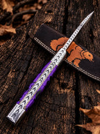 Black leather sheath with hand-made bear design for D2 steel engraved knife