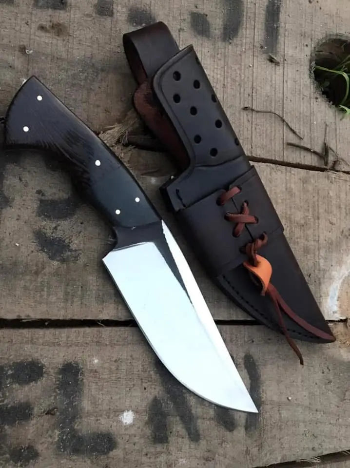 Handmade D2 steel hunting knife with black handle - full view