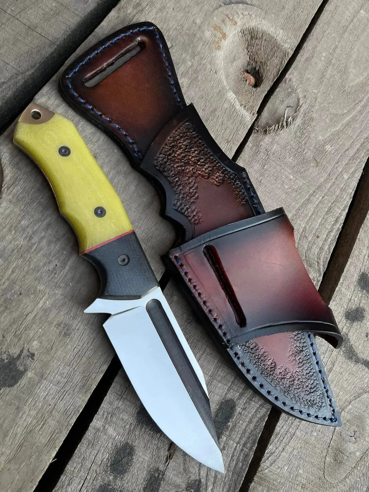 Handmade D2 steel full tang skinner knife with yellow G10 handle and leather sheath - full view