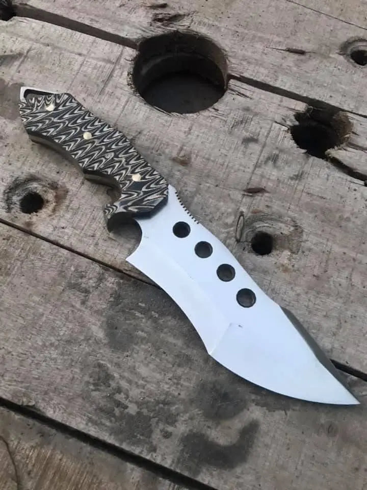 Handmade D2 steel survival knife with black and white micarta handle - full view