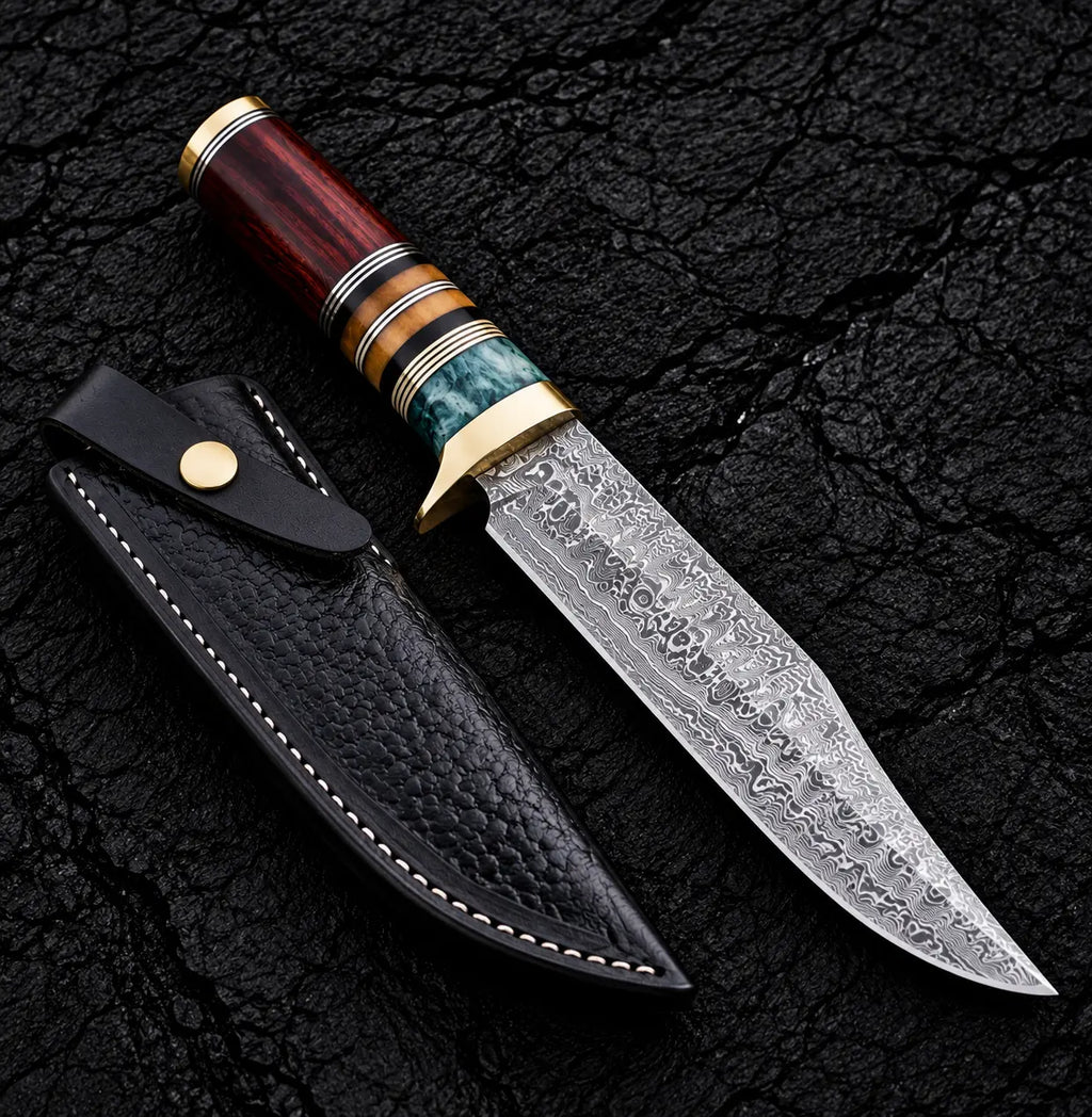 Handmade Damascus Bowie knife with ironwood and olive wood handle and Italian leather sheath - full view