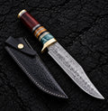 Handmade Damascus Bowie knife with ironwood and olive wood handle and Italian leather sheath - full view