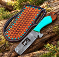Handmade Damascus bull cutter with turquoise resin handle and wire-cut design - full view