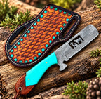 Wire-cut cowboy roping scene design on Damascus bull cutter blade