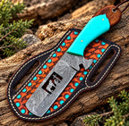Hand-tooled leather sheath with turquoise trim for Damascus bull cutter