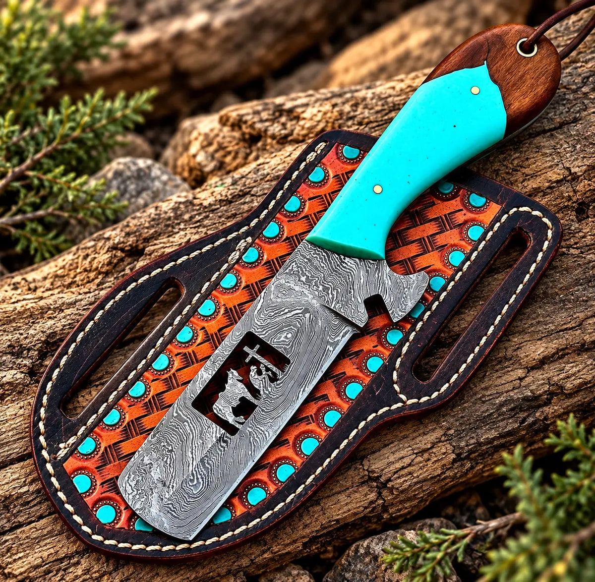 Hand-tooled leather sheath with turquoise trim for Damascus bull cutter