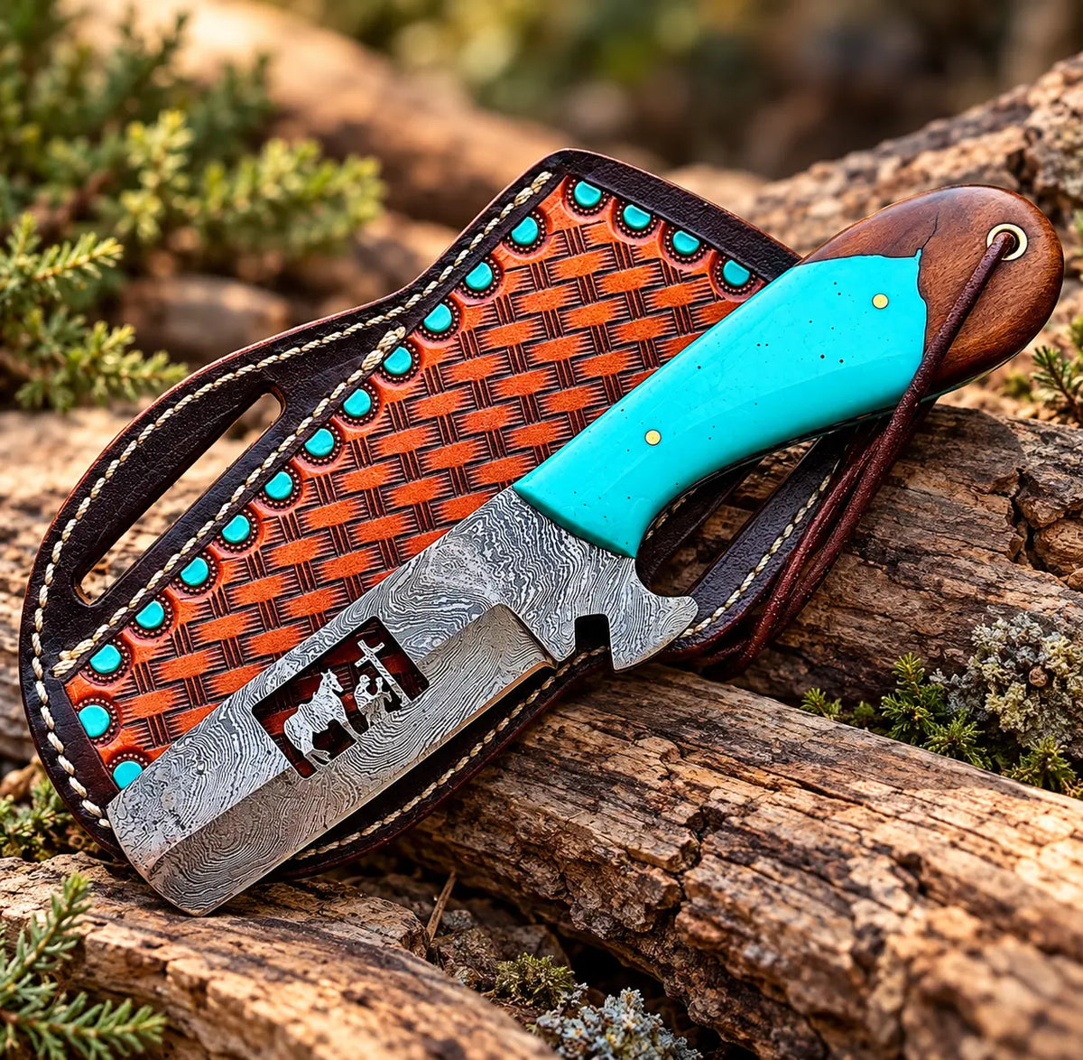 Damascus bull cutter on wood background - side angle