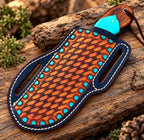 Damascus bull cutter with leather sheath - full length view