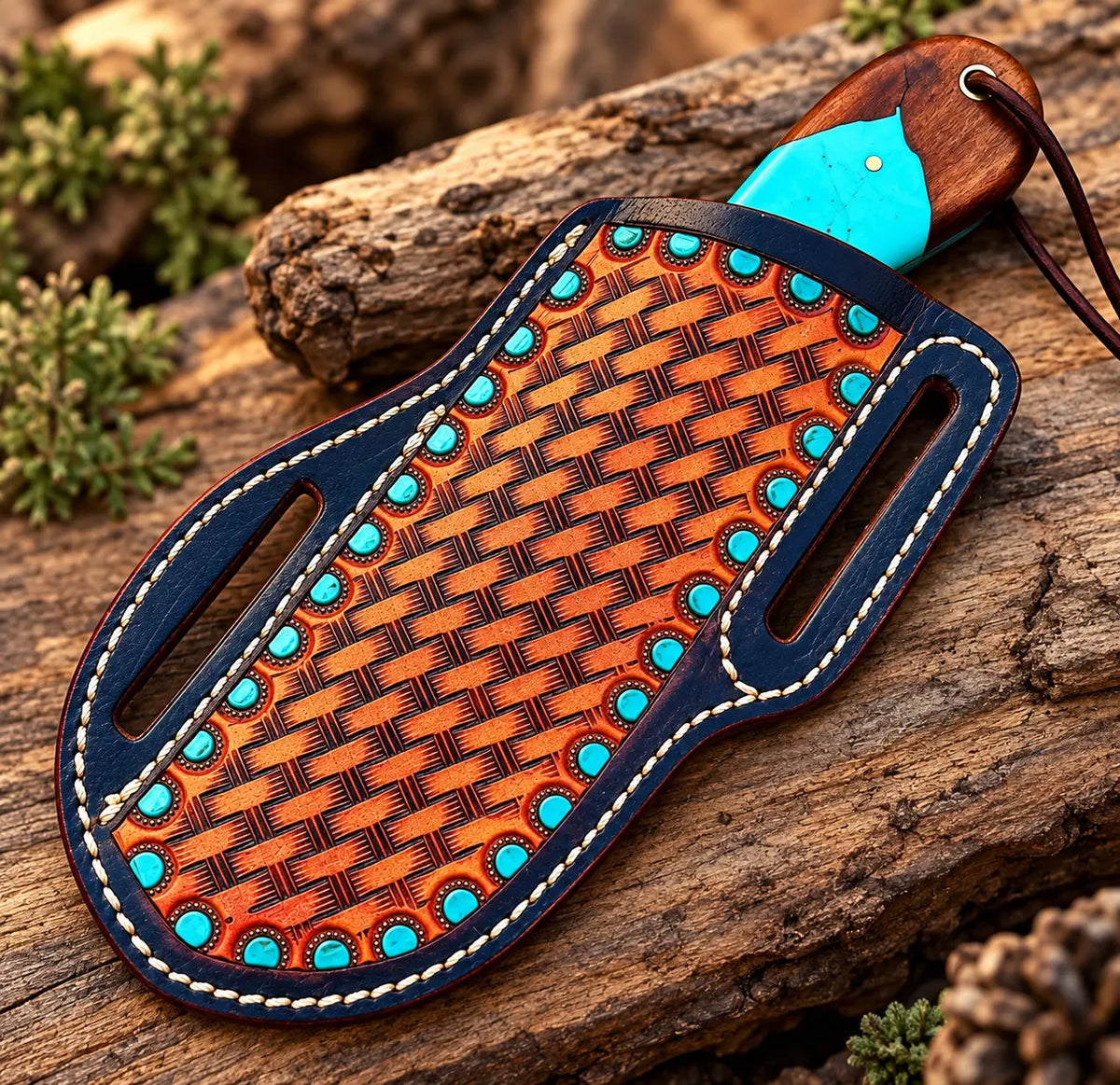 Damascus bull cutter with leather sheath - full length view
