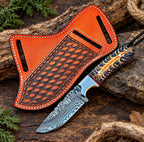 Handmade Damascus steel cowboy knife with blue and gold turquoise handle and tooled leather sheath