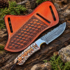 Handmade Damascus steel cowboy knife with tiger stripe handle and tooled leather sheath
