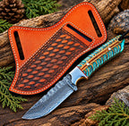 Handmade Damascus steel cowboy knife with turquoise and gold handle and tooled leather sheath