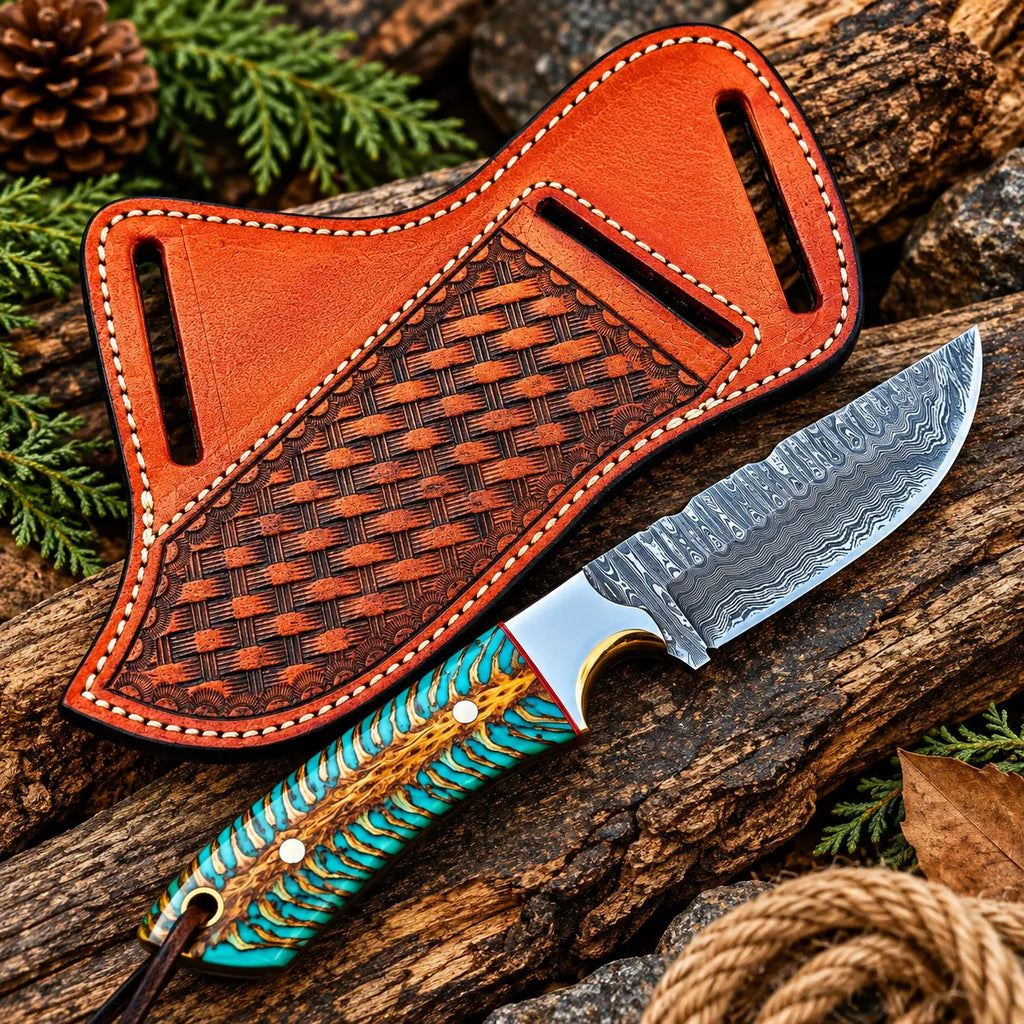 Damascus steel drop point blade close-up on cowboy knife with turquoise handle