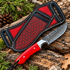 Ladder pattern Damascus blade close-up on cowboy skinner knife