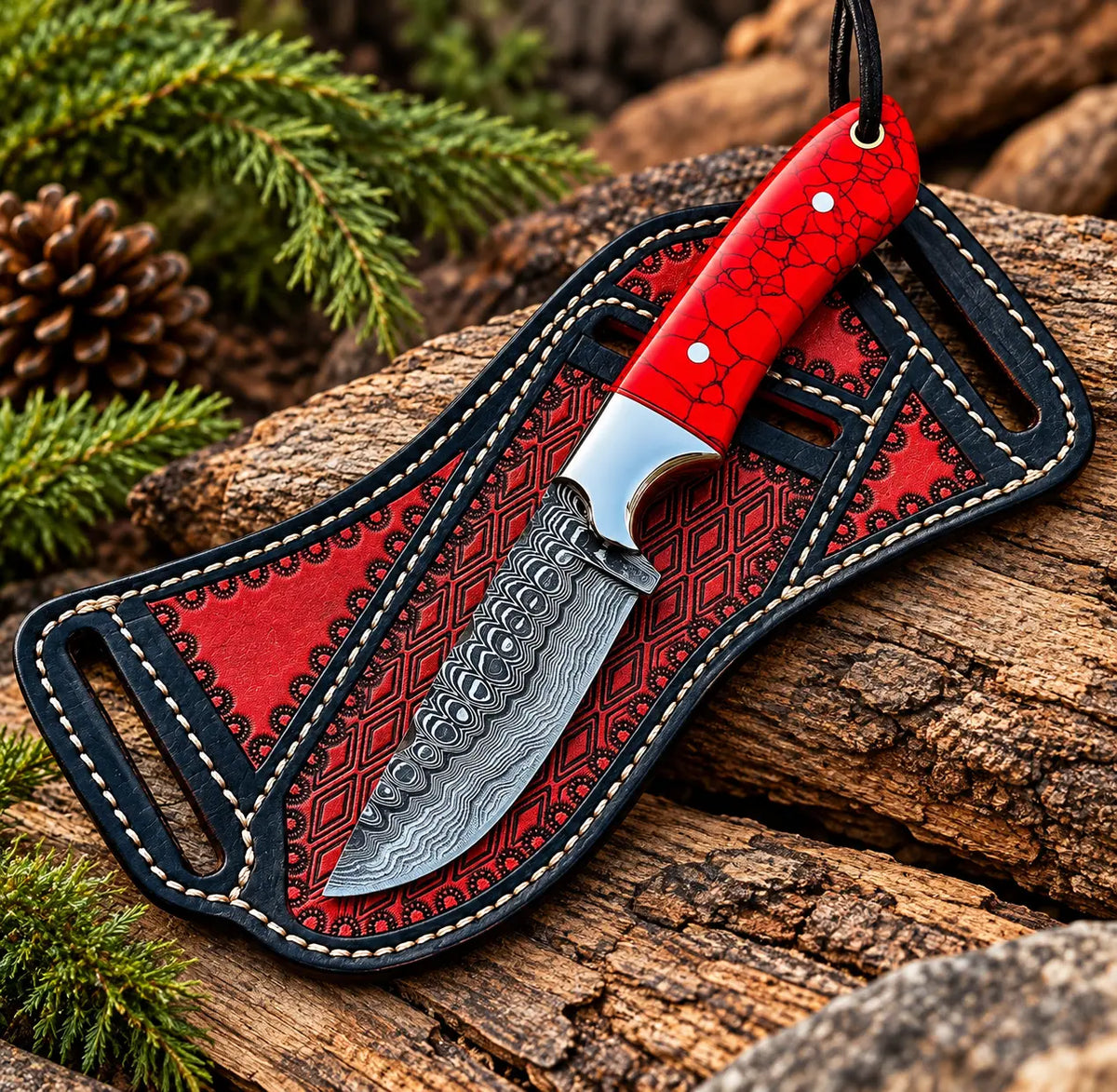 Red crackle stone handle detail with steel bolster on Damascus knife