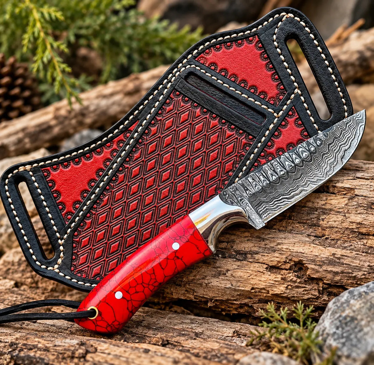 Damascus skinner knife with Italian leather sheath - full length view